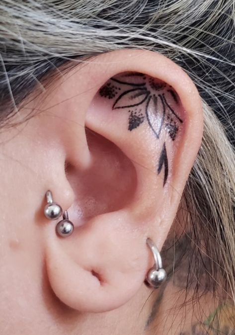 Womens Ear Tattoos, Inside Ear Tattoos Flower, Lotus Flower Ear Tattoo, Ear Tattoos Inner, Inside Ear Tattoos For Women, Ear Cartilage Tattoo, Floral Ear Tattoo, Ear Tattoo Ideas Female, Back Of The Ear Tattoos For Women