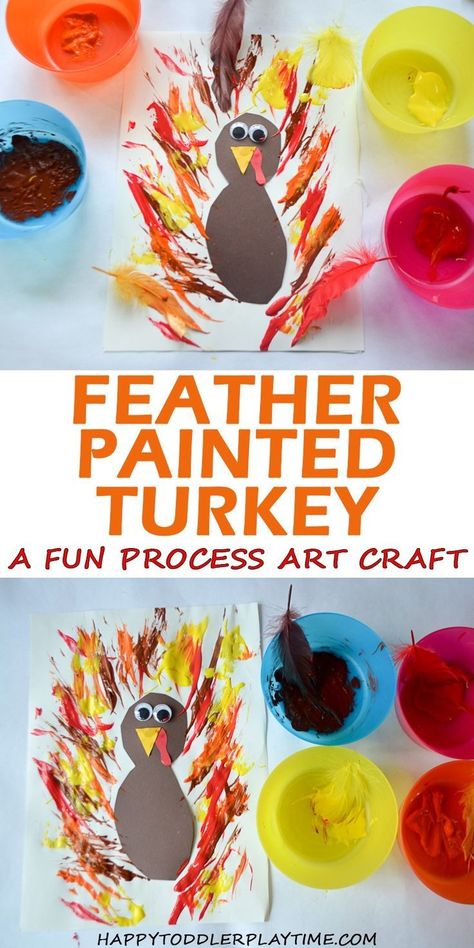 Feather Painted Turkey – HAPPY TODDLER PLAYTIME  Here is a fun and easy process art Thanksgiving craft for toddlers and preschoolers! Paint Turkey feathers with feathers! #thanksgivingcraftsforkids #kidscrafts #toddlercrafts Open Ended Art For Preschool Thanksgiving, Turkey Art Toddlers, Paint Turkey, Daycare Thanksgiving, Preschool Seasons, Easy Process Art, Turkey Activities, Thankful Crafts, Painted Turkey