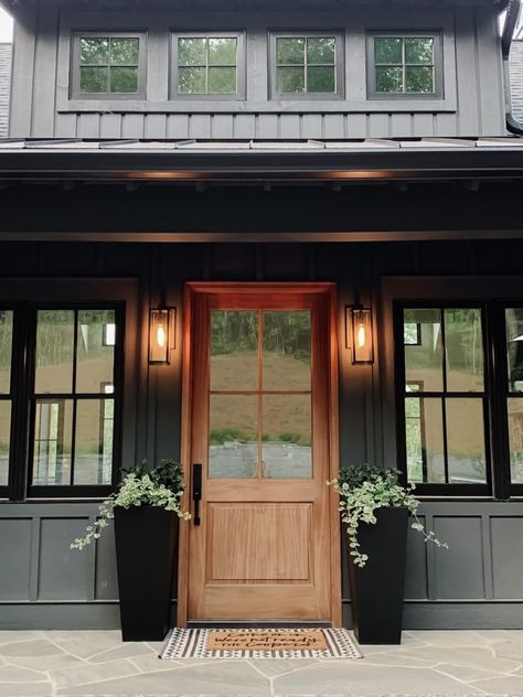 Modern Neutral Porch Decor — Cristin Cooper Doors Decoration, Casa Casuarina, Cabin Exterior, Iron Ore, Modern Farmhouse Exterior, Casa Exterior, Farmhouse Exterior, House Paint Exterior, Exterior Paint Colors