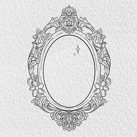 Beautiful ornate mirror tattoo artwork vintage drawing Vintage Mirrors Drawing, Vintage Mirror Frame Drawing, Ornate Picture Frame Tattoo, Old Picture Frame Tattoo, Mirror Fine Line Tattoo, Fancy Mirror Drawing, Picture Frame Drawing Ideas, Gilded Frame Tattoo, Scrying Mirror Tattoo