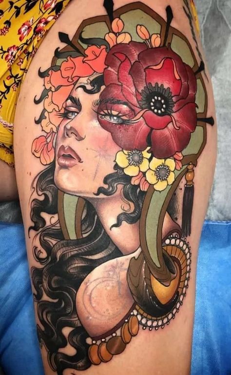 Neotraditional Portrait, Traditional Thigh Tattoo, Neo Traditional Art, Traditional Tattoo Woman, Traditional Tattoo Design, Traditional Tattoo Art, Thigh Tattoos Women, Head Tattoos, Traditional Tattoos