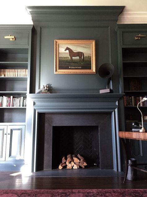 Sincerely, Tennessee (Posts tagged architecture) Off Center Fireplace Vaulted Ceiling, Foe Fireplace, Blue Living Room Fireplace, Molding Above Fireplace, Dark Fireplace Wall, Study Fireplace, Bold Fireplace, Moody Fireplace, Paneled Fireplace