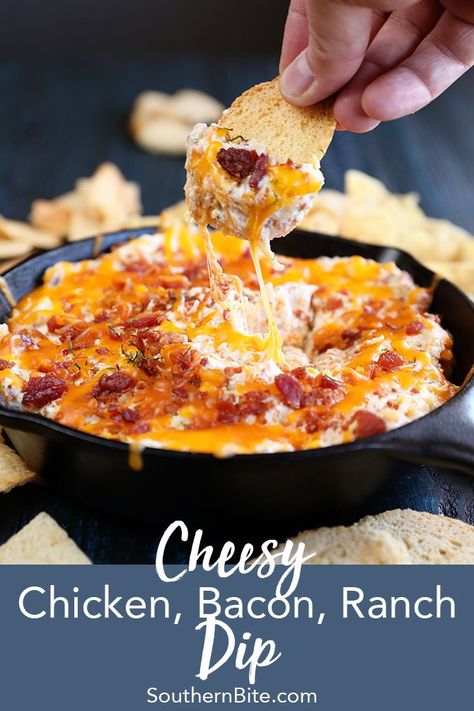 This easy recipe for warm Cheesy Chicken, Bacon, Ranch Dip with be the star of any party or get-together! #southernbite Chicken Bacon Ranch Dip, Bacon Ranch Dip, Savory Pastries, Ranch Dip, Dip Recipes Easy, Cheesy Bacon, Chicken Dips, Chicken Bacon Ranch, Bacon Ranch