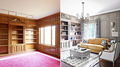 A dove gray grounded Iyanla's library, and Nate added the butterscotch mohair sofa for a warm pop of color. Library Paneling, Painted Library, Wrought Iron Banister, Paneling Makeover, Iyanla Vanzant, Glass Dining Room Table, Nate Berkus, Book Shelves, Painted Paneling