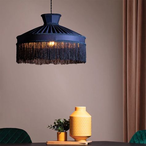 https://www.bhs.com/media/mf_webp/jpg/media/wysiwyg/darcy-fringed-easyfit-shade-blue-light-c01-39002093_5.webp Bar Ceilings, Dark Elegance, Pendant Shade, Mood Lighting, Maximalist Decor, Electrical Installation, Semi Flush Ceiling Lights, Led Floor Lamp, Bedroom Lamps