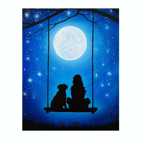 Girl With Dog Drawing, Midnight Sky Painting, Painting Ideas Dog, Moon Art Drawing, Dog Painting Ideas, Midnight Drawing, Dog Painting Canvas, Abstract Dog Painting, Midnight Painting