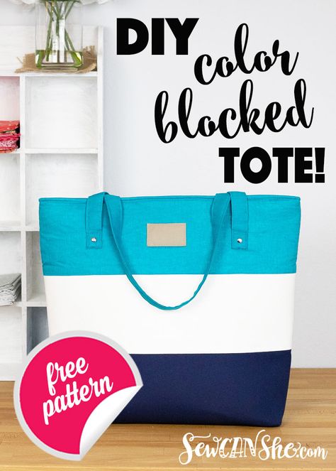 Big Color Blocked Tote - free Sewing Pattern! Color Block Tote Bag, Tote Tutorial, Color Block Tote, Free Sewing Pattern, Sew Ins, Leftover Fabric, Fabric Baskets, Tote Pattern, Bags Tutorial