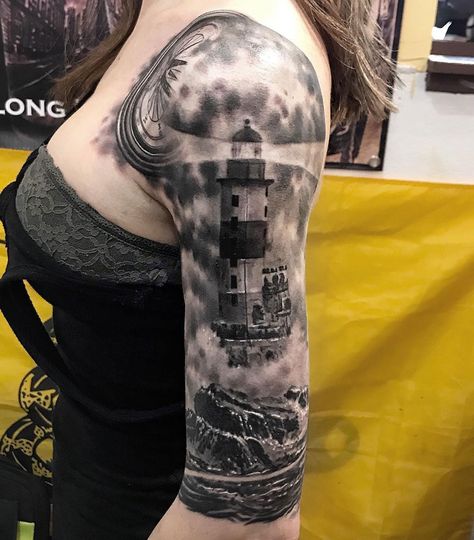 Lighthouse in a storm, half sleeve by Luke LoPorto, an artist at Timmy Tattoo in Huntington, NY. Easy Half Sleeve Tattoos, Ocean Sleeve Tattoos, Tatuaje Cover Up, Storm Tattoo, Tattoos Arm, Lighthouse Tattoo, Men Tattoos, Tattoos For Women Half Sleeve, Lighthouse Photos