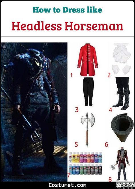 The Headless Horseman looks sinister yet regal in his mercenary uniform. He wears a typical colonial outfit consisting of a jacket, jabot, and cuffs. He is also armed with his axe.             #SleepyHollow #male #movies #scary #mercenary #creepy #illusion #SleepyHollow How To Make Headless Horseman Costume, Headless Horseman Decoration, Colonial Outfit, Headless Horseman Costume, Headless Horseman Silhouette, Movies Scary, Headless Horseman Sleepy Hollow, Headless Horseman Halloween, Medieval Pants