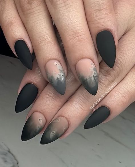 Cemetery Nails, Noels Lament, Graveyard Nails, Black Halloween Nails, Latest Nail Designs, Matte Black Nails, Cute Halloween Nails, Gothic Nails, Aesthetic Halloween