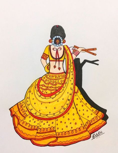 Meaning of Navratri days | Pinterest Dandiya Drawing, Navratri Drawing, Dance Drawing, Rajasthani Art, Dancing Drawings, Pencil Sketch Images, Black And White Art Drawing, Female Art Painting