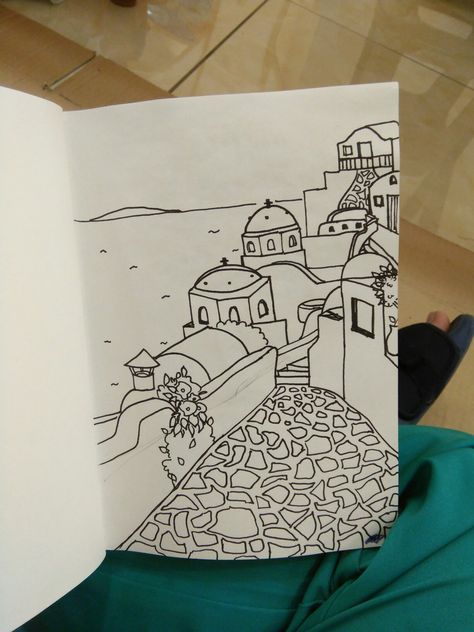 Trying my santorini drawing Greece Drawing Pencil, Greece Drawing Simple, Santorini Sketch, Drawing Of Greece, Greece Doodles, Santorini Drawing, Italy Drawing Easy, Greece Painting Easy, Santorini Tattoo