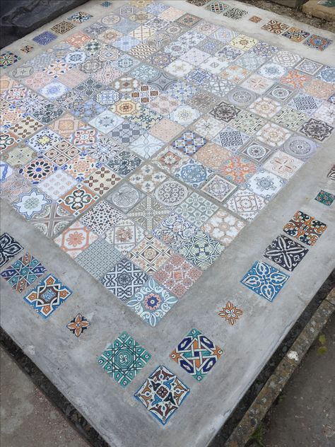 Moroccan tiles, outdoor patio, terrace, set in concrete. Mosaic Flooring Outdoor, Pergola Patio Tiles, Outside Tiling Ideas, Moroccan Floor Tiles Outdoor, Veranda Tiles Floors, Moroccan Outdoor Tiles, Tiled Garden Patio, Patterned Outdoor Tiles Patio, Tiles For Terrace Floor