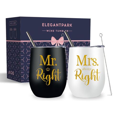 PRICES MAY VARY. Mr Right and Mrs always Right Mug Tumbler:This Mr right and Mrs always right wine tumbler set will be a romantic gift for couples. An excellent gift for couples to celebrate weddings, anniversaries, honeymoons, Christmas, engagements, bridal showers, bachelor/bachelorette parties, and housewarmings. ﻿ Anniversary Gifts for Couples: The elegant gold design is beautifully scripted "Mrs Always Right" "Mr Right". Perfetct gifts for bride and groom, mr and mrs, newlyweds, wifey and h Bride And Groom Cups, Wine Tumbler Set, Mr And Mrs Gifts, Gifts For Bride And Groom, Mrs Gifts, Wedding Gifts For Couple, Engagement Gifts For Bride, Gifts For Bride, Mrs Always Right