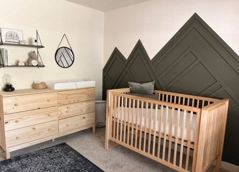 Mountain Themed Nursery, Mountain Nursery Theme, Nursery Accents, Nursery Accent Wall, Ikea Nursery, Boy Nursery Themes, Baby Boy Bedroom, Wood Nursery, Baby Room Themes