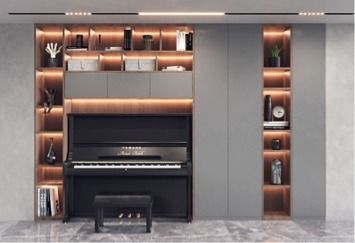 British Style Interior, Piano Room Design, Piano Room Decor, Piano Living Rooms, Minimalist Home Office, Music Studio Room, Piano Room, Minimalist Apartment, Shelving Design