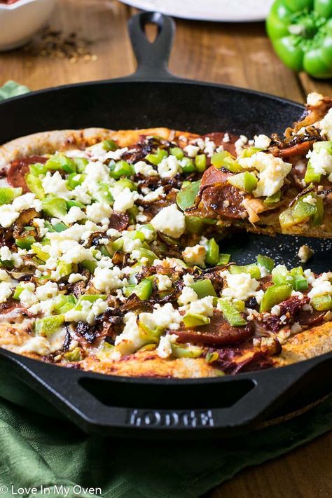 Chorizo and Caramelized Onion Skillet Pizza Pizza Skillet, Skillet Pizza Recipe, Whole Wheat Pizza Crust, Chorizo Pizza, Wheat Pizza Crust, Wheat Pizza Dough Recipe, Deep Dish Pizza Recipe, Cast Iron Pizza, Wheat Pizza Dough