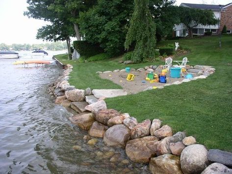 Creek Bank Landscaping, Lakehouse Backyard Landscaping, Lakeside Landscaping, Lake Landscaping, Lakeside Beach, Lakehouse Ideas, Lake Dock, Break Wall, Lakeside Living