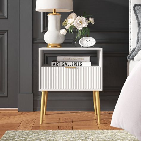 Willa Arlo Interiors Baywood Steel Nightstand & Reviews | Wayfair Gold Nightstand, Modern Bedside Tables, Metal Nightstand, Unique Side Table, Drawer Shelf, Shelf Wood, Modern Bedside, Modern Bedside Table, White Nightstand