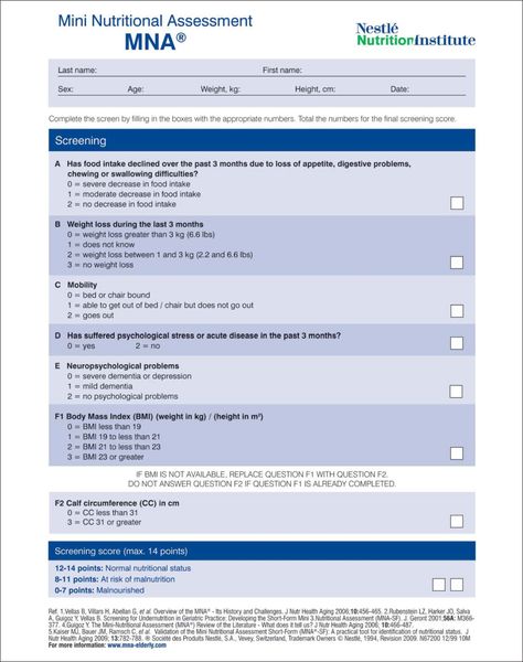 Newest Mini Nutritional Assessment®-short form (2009 version), reprinted with permission Nutrition Assessment Form, Nutritional Assessment, Nutrition Assessment, Food Psychology, Clinical Nutrition, Fall Risk, Clinical Nutritionist, Pressure Ulcer, Clinical Social Work