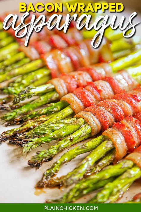 Bacon Wrapped Asparagus Recipe - fresh asparagus wrapped in bacon, topped with a sweet and savory sauce and baked. SO good! Can wrap asparagus in bacon ahead of time and refrigerate. Great for dinner parties and a quick weeknight side dish!! #asparagus #glutenfree #sidedish Asparagus Recipes Baked Parmesan, Asparagus Wrapped In Bacon, Bacon Wrapped Asparagus Recipes, Asparagus Recipes Oven, Asparagus Wraps, Grilled Asparagus Recipes, Asparagus Recipes Baked, Wrapped Asparagus, Asparagus Recipes