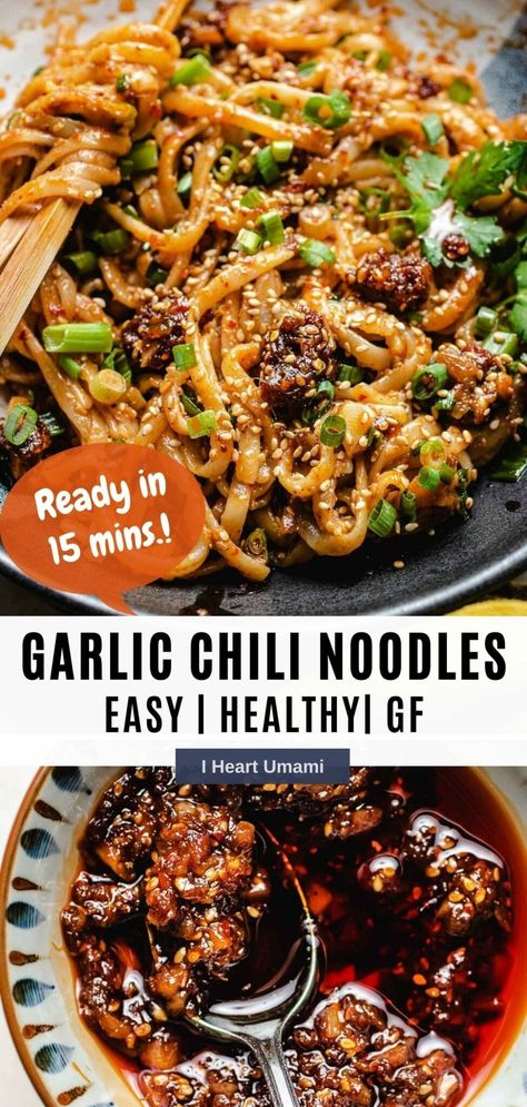 Super addicting Garlic Chili Noodles with chili garlic sauce ready in 15 mins.! Rice noodles tossed in spicy chili oil made gluten-free and easy! #noodles #chilioil #chilisauce #garlicnoodles #garlichilinoodles #asianrecipes #chineserecipes #glutenfreerecipes Gluten Free Spicy Noodles, Whole 30 Rice Noodle Recipes, Garlic Chili Noodles Recipe, Meal Prep Rice Noodles, Chili Garlic Rice Noodles, Garlic Chili Oil Noodles Recipe, Dinner With Rice Noodles, Chili Beef Noodles, Recipes With Chili Paste