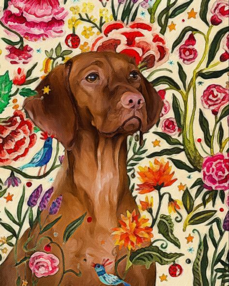 Dog In Flower Field Painting, Dog With Flowers Drawing, Finding My Peace, Fancy Background, Dog Portraits Illustration, Dogs Painting, Dog Design Art, Vizsla Dog, Dog Portraits Painting