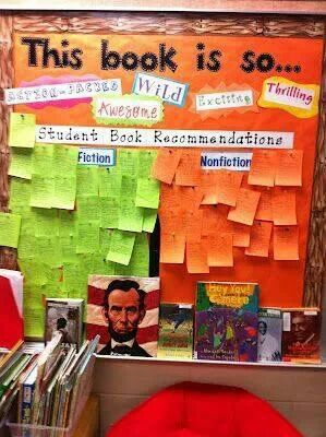 Book recommendation wall Book Recommendations Bulletin Board, Classroom Library Organization, Reading Display, Library Organization, 4th Grade Reading, Book Corners, Readers Workshop, Teaching Literacy, Library Displays