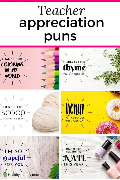 There's nothing better than a pun so bad it makes you do a little groan inside! These 101 teacher appreciation puns guarantee to do just that. #teacherappreciation #teacherappreciationpuns Punny Teacher Appreciation, Teacher Appreciation Puns, Teacher Appreciation Week Quotes, Appreciation Puns, Teacher Appreciation Week Themes, Teacher Puns, Teacher Appreciation Themes, Small Teacher Gifts, Teacher Appreciation Quotes