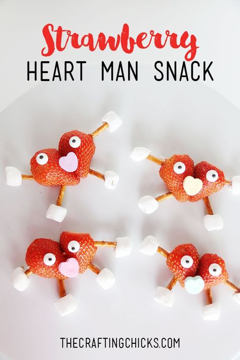 Strawberry Heart Man Kid Snack | This is such a fun, cute and slightly healthy snack for kids this Valentine Month of love! Valentines Food Activities For Kids, Valentine Snack Crafts For Kids, Preschool Valentines Party Food, Valentine’s Day Preschool Snack, Valentines Food Crafts For Kids, Valentines Day Class Party Snacks, Valentine Savory Snacks, February Snacks, Crafts With Food