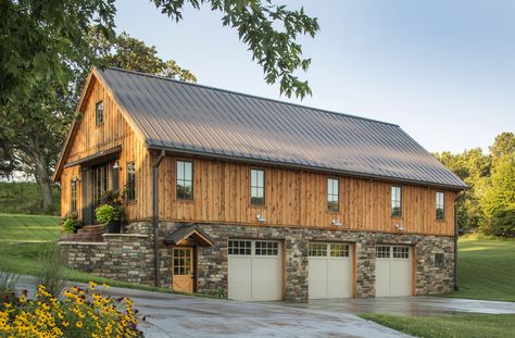 Barn Home with stone around the 3 car garage.   Sand Creek Post & Beam Wood Barn & Barn Home Kits Sand Creek Post And Beam, Pole Barn House, Barn House Kits, Timber Frame Barn, Barn Living, Pole Barns, Barn Garage, Barndominium Floor Plans, Country Barn