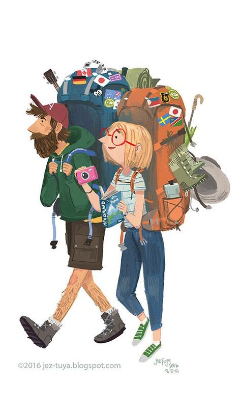 I find travelers that haul large, overloaded backpacks fascinating 동화 삽화, Couple Drawing, Desain Editorial, 캐릭터 드로잉, Couple Illustration, Travel Illustration, Hand Drawing, Illustrations And Posters, Illustration Character Design