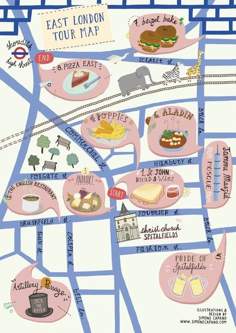 Event Map Illustration, Food Map Illustration, Places To Eat In London, Eat In London, Food Map, East End London, Tour Around The World, Popular Food, Map Illustration