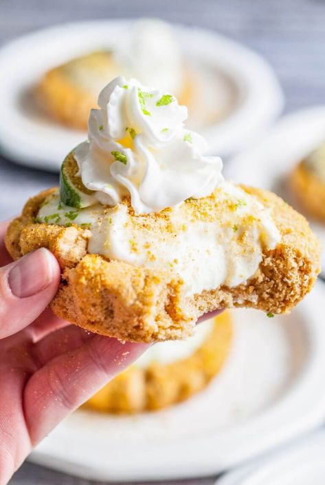 a hand holding a giant copycat key lime pie cookie Key Lime Pie Cookies, Key Lime Filling, Key Lime Cookies, Little Sunny Kitchen, Lime Cookies, Graham Cracker Cookies, Sunny Kitchen, Pie Cookies, Cracker Cookies