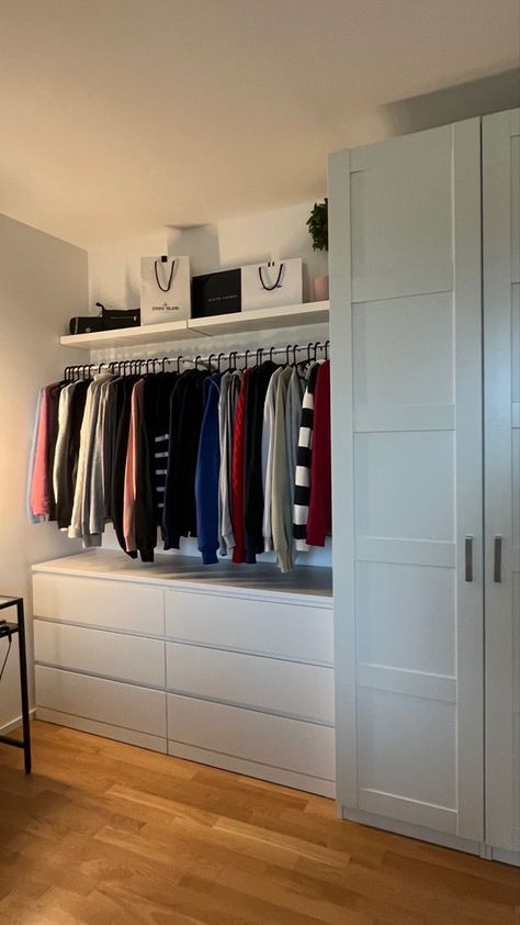 Tiny Wardrobe Room, Bedroom Open Closet Ideas, Small Room Dressing Room, Ikea Small Wardrobe, Bedroom Armoire Wardrobe Closet, Dressing Room Inspo Small, Small Walkin Wardrobe Ideas, Open Closet Aesthetic, Box Room Wardrobe Ideas