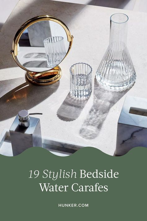 Between pops of color and unique designs, we rounded up the best (and most stylish) bedside carafes to add to your nightstand. #hunkerhome #watercarafe #carafeideas #carafe Bedside Water Carafe Ideas, Bedside Carafe Set, Bedside Carafe Aesthetic, Water Carafe Bedside, Best Reusable Water Bottle, Outdoor Glassware, Bedside Water, Bedside Water Carafe, Bedside Carafe