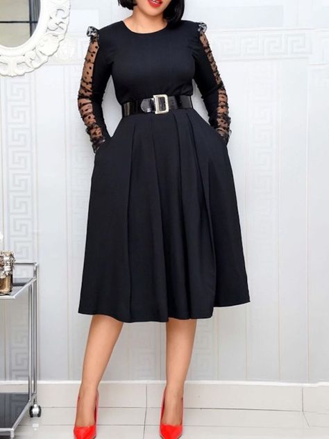 Mid-Calf Long Sleeve Belt Round Neck Pullover Women's Dress Office Dress For Women, Cheap Fashion Dresses, Long Sleeve Mesh Dress, Office Dresses For Women, Evening Dresses With Sleeves, Red Midi Dress, Womens Dress, Mid Dresses, Buy Dress