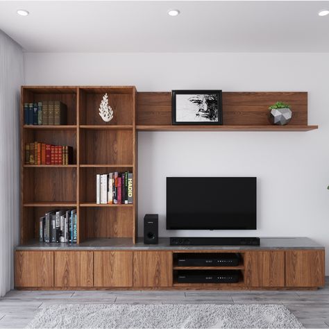 Bookshelf Beside Tv, Asymmetric Media Wall, Bookshelf Near Tv, Tv And Storage Wall, Tv Unit And Library, Tv Unit Bookshelf, Tv Unit With Book Storage, Tv Wall Storage Ideas Living Room, Tv And Bookshelf Wall Living Room