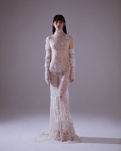 Olivier Theyskens on Instagram: “Alice Pagani @opheliamillaiss wearing a Long Sheer Lace Patchwork Dress in @nastymagazine 🤍 Photo @marcogiulianoph Style @ancamacavei” Dune Inspired Fashion, Olivier Theyskens, Alice Pagani, White Sheer Dress, Sheer Gown, Iconic Dresses, Textiles Fashion, Patchwork Dress, Clothes Crafts