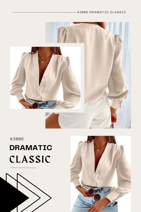 Women's Business Casual Tops Summer Long Sleeve Silk Button Down Shirts V Neck Chiffon Blouses… perfect for a kibbe dramatic classic outfit! tailored chic. refined. elegant. angular. sleek. clean. balanced. symmetrical. Dramatic Classic Evening Wear, Dramatic Classic Casual Outfits Summer, Dramatic Classic Summer Outfit, Dramatic Classic Casual, Kibbe Dramatic Classic Outfits, Soft Dramatic Summer Outfit, Dramatic Classic Casual Outfits, Dramatic Classic Kibbe Style, Dramatic Classic Style Outfits