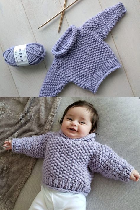 The little chunky is a free knit baby sweater pattern. Worked in seed stitch with super bulky yarn, it works up in a flash for a quick but impressive baby gift! This adorable pattern is perfect for your little chunky ;) Chunky Yarn Baby Sweater Pattern, Bulky Knit Baby Sweater Pattern, Easy Baby Sweater Knit Pattern, Knit Baby Sweater Pattern, Free Baby Sweater Knitting Patterns, Baby Sweater Pattern, Knit Baby Sweater, Baby Jackets Pattern, Knit Baby Jackets