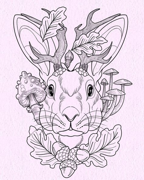 ✨NEO TRAD / JAPANESE / KAWAII✨ on Instagram: “🐰JACKALOPE🐰 . I have this Jackalope and mushrooms available to tattoo , drop me a message if you would like to get it ! . #jackalope…” Japanese Style Animal Tattoo, Jackalope Tattoo Blackwork, American Traditional Jackalope Tattoo, Jackalope Tattoo Design, Neo Trad Japanese, Jackalope Tattoo Traditional, Cryptid Ideas, Jackalope Illustration, Jackalope Drawing