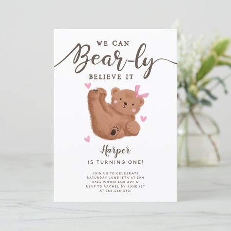 Bear Themed Birthday Party Girl, Teddy Bear 1st Birthday Girl, Bear First Birthday Party Girl, Bear 1st Birthday Party Girl, Teddy Bear First Birthday Girl, Beary First Birthday Girl, Teddy Bear Invitation Template, Teddy Bear Birthday Theme, Teddy Bear Birthday Invitations