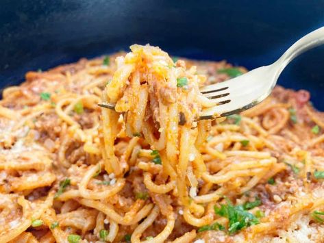 Dutch Oven Spaghetti Meat Sauce, Alfredo Spaghetti Dutch Oven, Dutch Oven Spaghetti Alfredo, One Pot Spaghetti Alfredo, One Pot Spaghetti With Alfredo, Dutch Oven Alfredo Spaghetti, Alfredo Spaghetti Recipes, Alfredo Spaghetti Sauce Pasta, Tiktok Pasta Recipes