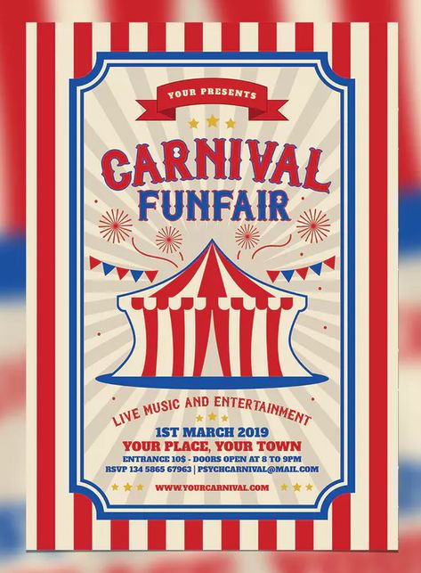 Retro Carnival and Funfair Flyer Template AI, PSD. Download Carnival Design Ideas, Carnival Typography, Carnival Poster Design, Carnival Flyer, Retro Carnival, Carnival Poster, Fair Poster, Carnival Design, Company Profile Brochure