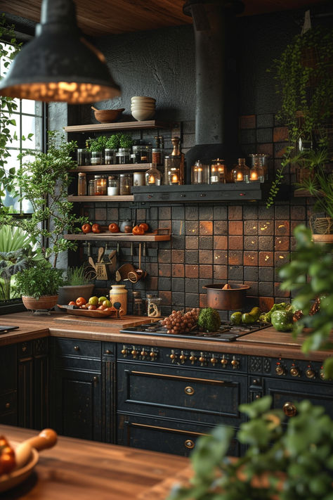 dark kitchen, industrial kitchen, farmhouse kitchen, black kitchen, cozy kitchen, kitchen inspo Moody Farmhouse, Moody Kitchen, Casa Hobbit, Dark Home Decor, Dark Home, Cozy Kitchen, Kitchen Design Decor, Brain Food, Dream House Interior