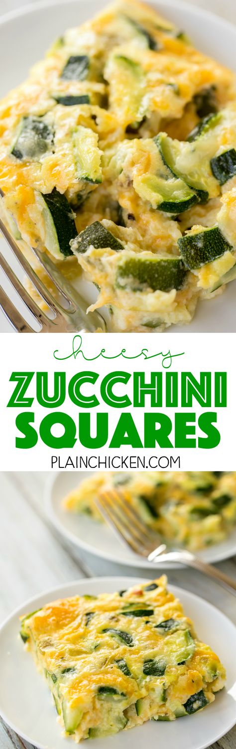 Cheesy Zucchini Squares - DELICIOUS side dish or breakfast casserole! Perfect way to use up all that yummy summer squash! Zucchini, flour, baking powder, milk, eggs, green chiles and Monterey Jack cheese. We served this as a side dish with our grilled meats and had the leftovers for breakfast! SO YUMMY! Everyone raves about this simple side dish recipe! Zucchini Flour, Zucchini Squares, Squash Zucchini, Powder Milk, Cheesy Zucchini, Grilled Meats, Meatless Main Dishes, Green Chiles, Zucchini Muffins