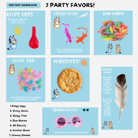 Bluey Favors, Sticky Gecko, Blue Party Favors, Fiesta Bluey, Feather Wand, Granny Glasses, 18th Party, Hey Duggee, Bluey Party