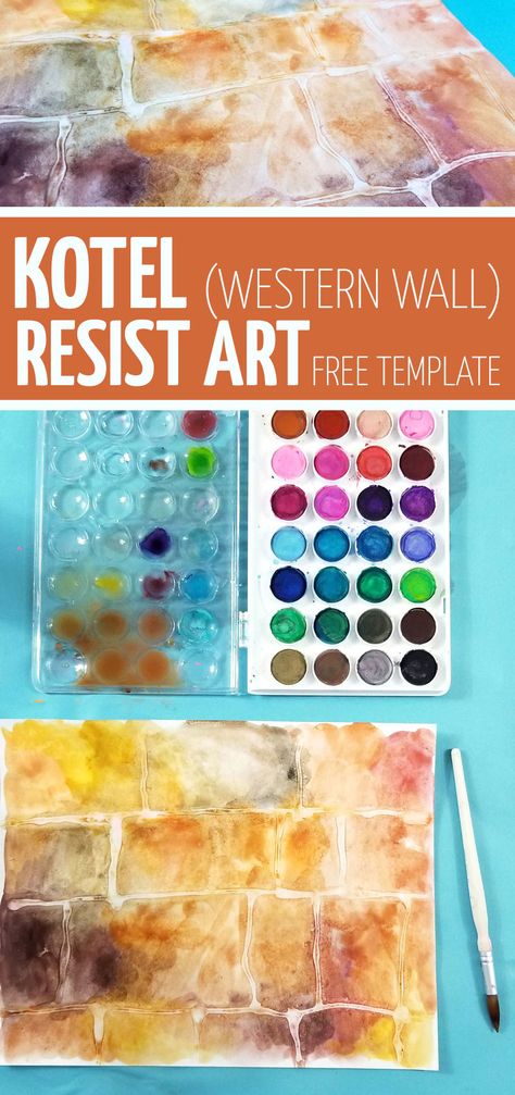 Make this beautiful Kotel art - Western Wall Process art using glue resist and watercolors. Download the free template for this craft - perfect for Tisha B'av crafts for kids and the 9 days. Also great for DIY sukkah decorations for kids - just laminate! Tisha B'av Craft, Sukkot Crafts For Kids, Diy Sukkah, Sukkot Crafts, Jewish Art Projects, Sukkah Decorations, Yom Haatzmaut, Craft Ideas For Beginners, Summer Camp Art