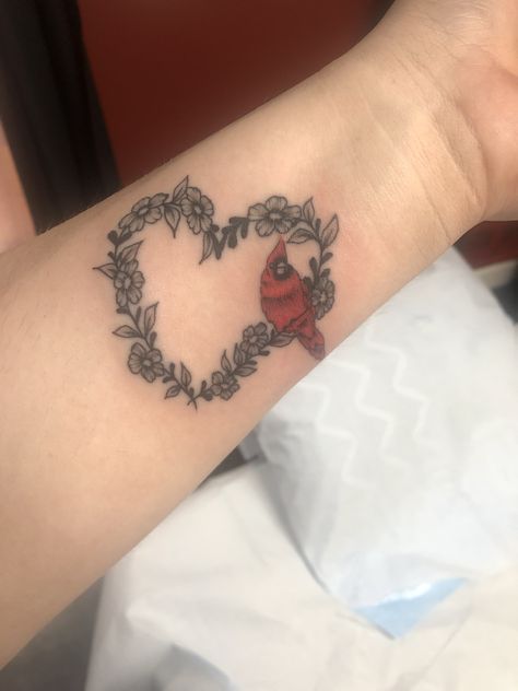 Cardinal With Rose Tattoo, Cardinal And Floral Tattoo, Cardinal Pair Tattoo, Cardinal Tattoo Memorial Grandmothers, Cardinal Memorial Tattoo, Cardinal Tattoo Black And White, Cardinal Tattoos For Women, Grandma Memorial Tattoos, Cardnial Tattoo